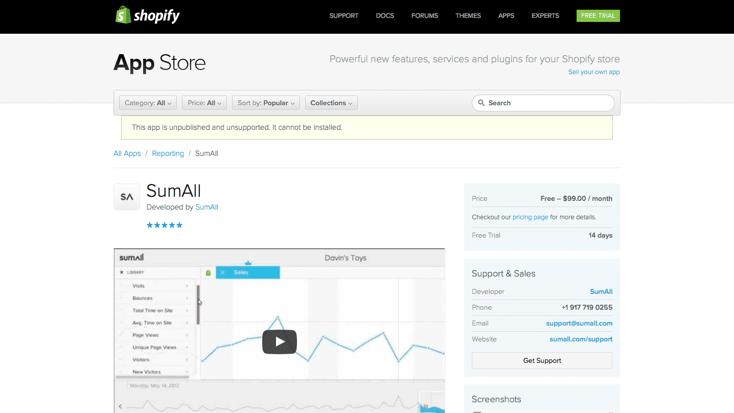 SumAll Shopify App Listing