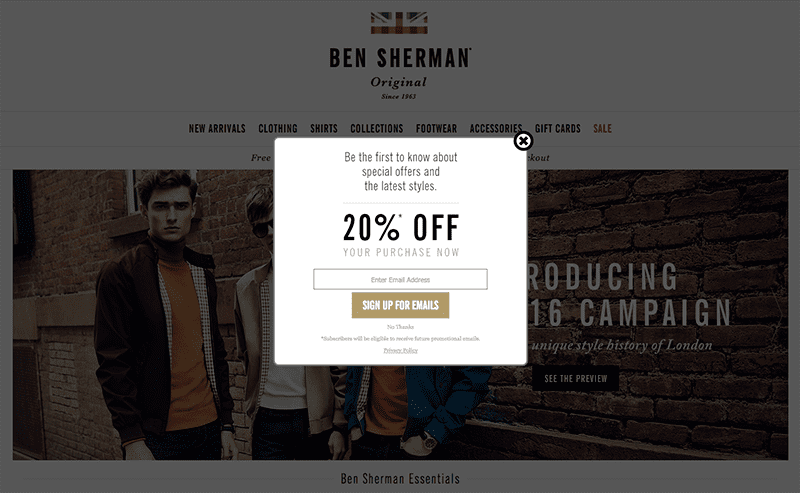 Ben Sherman Email Popup