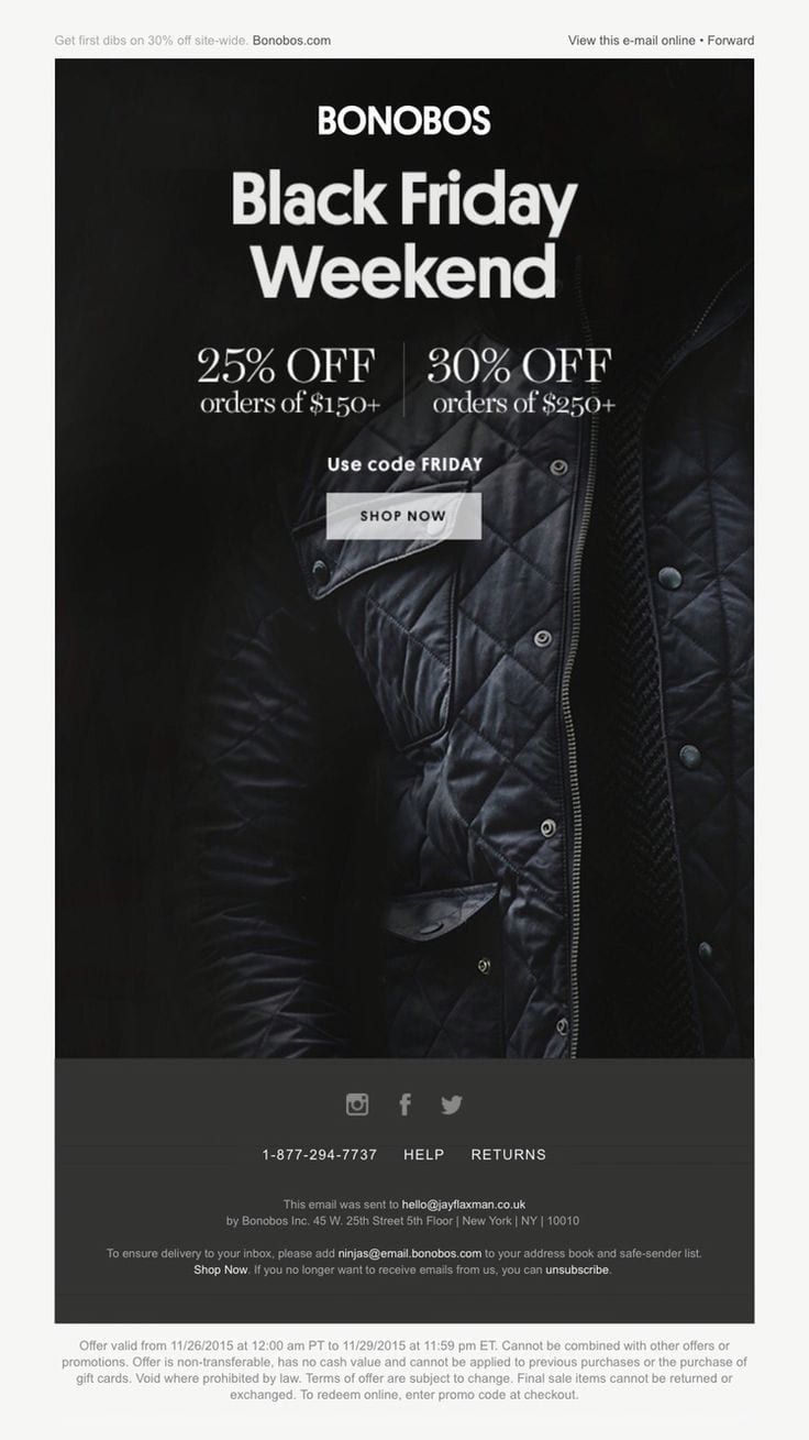 bonobos black friday email newsletter discount fashion conditions offer code