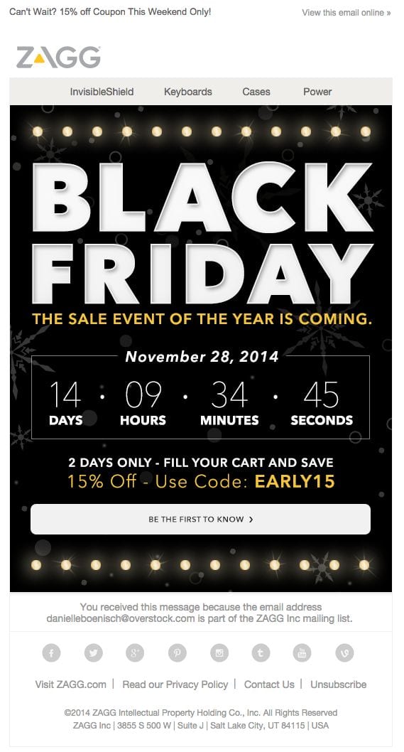 zagg black friday sale email marketing newsletter hype countdown