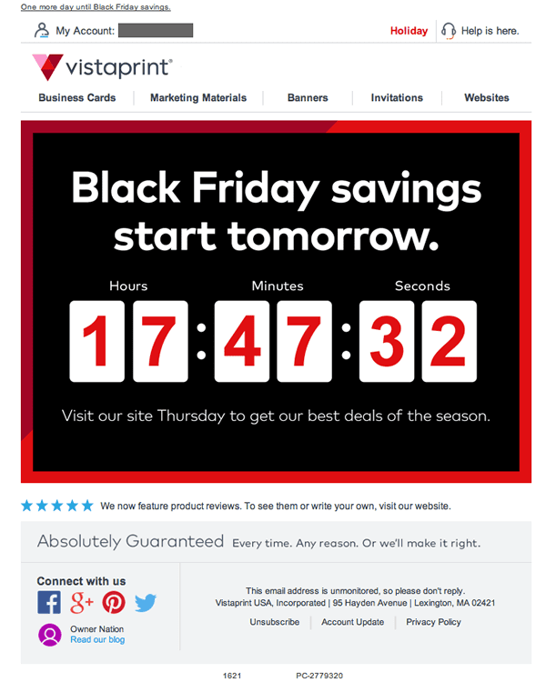 Vistaprint black friday sale email newsletter countdown hype