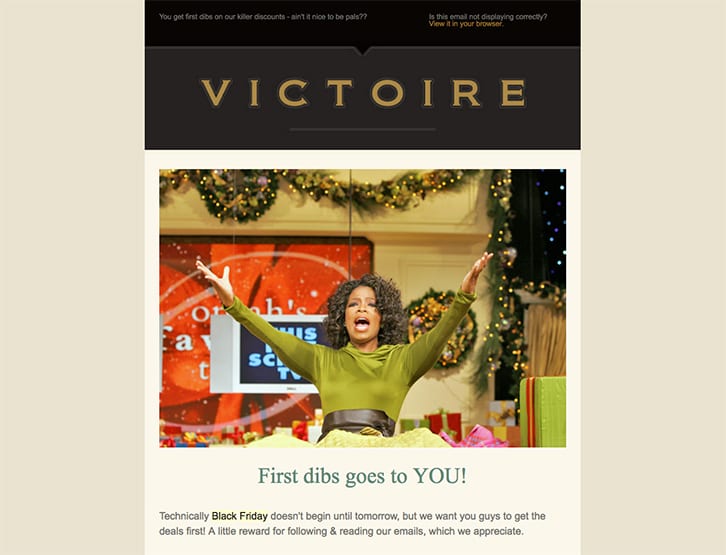 Victoire black friday early access sale high value customer email Oprah