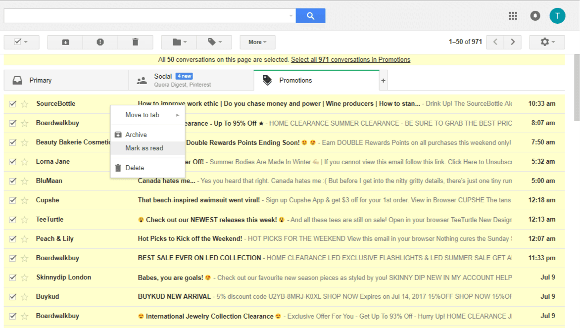 gmail select all mark as read unread emails