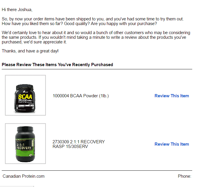 canadian protein review product post-purchase