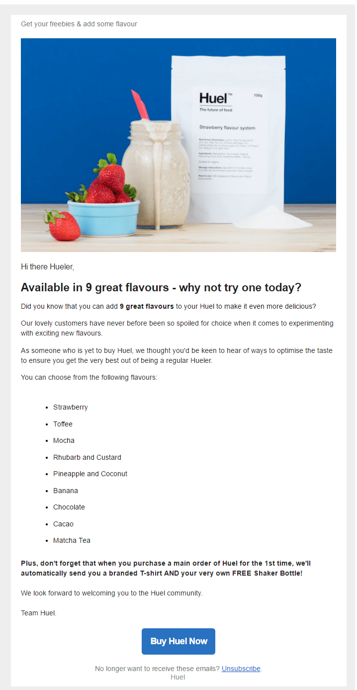 huel welcome email campaign follow up product information