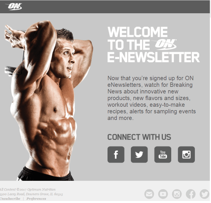 optimum nutrition welcome email social media