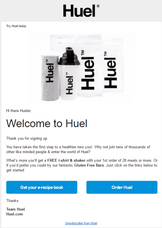 huel welcome email call to action incentive free gift first purchase