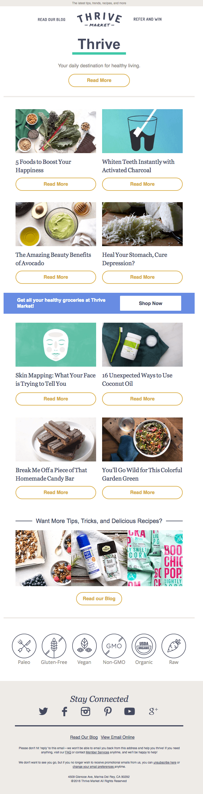 thrive market email newsletter blog posts click bait recipes food articles