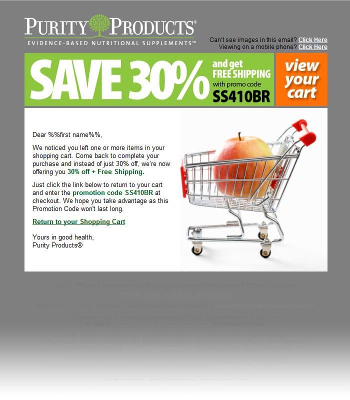 purity products offer code discount free shipping abandoned cart email