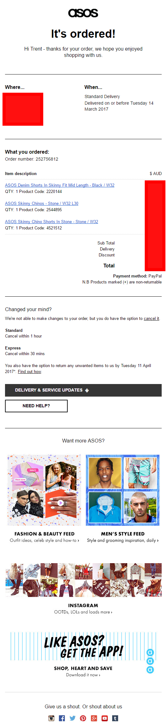 asos fashion order confirmation email post-purchase