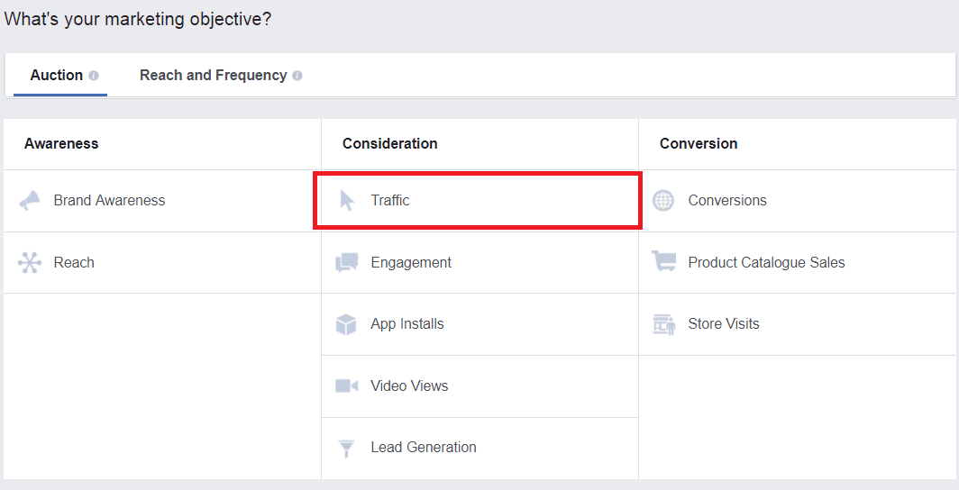 facebook marketing objective traffic consideration generate leads click through