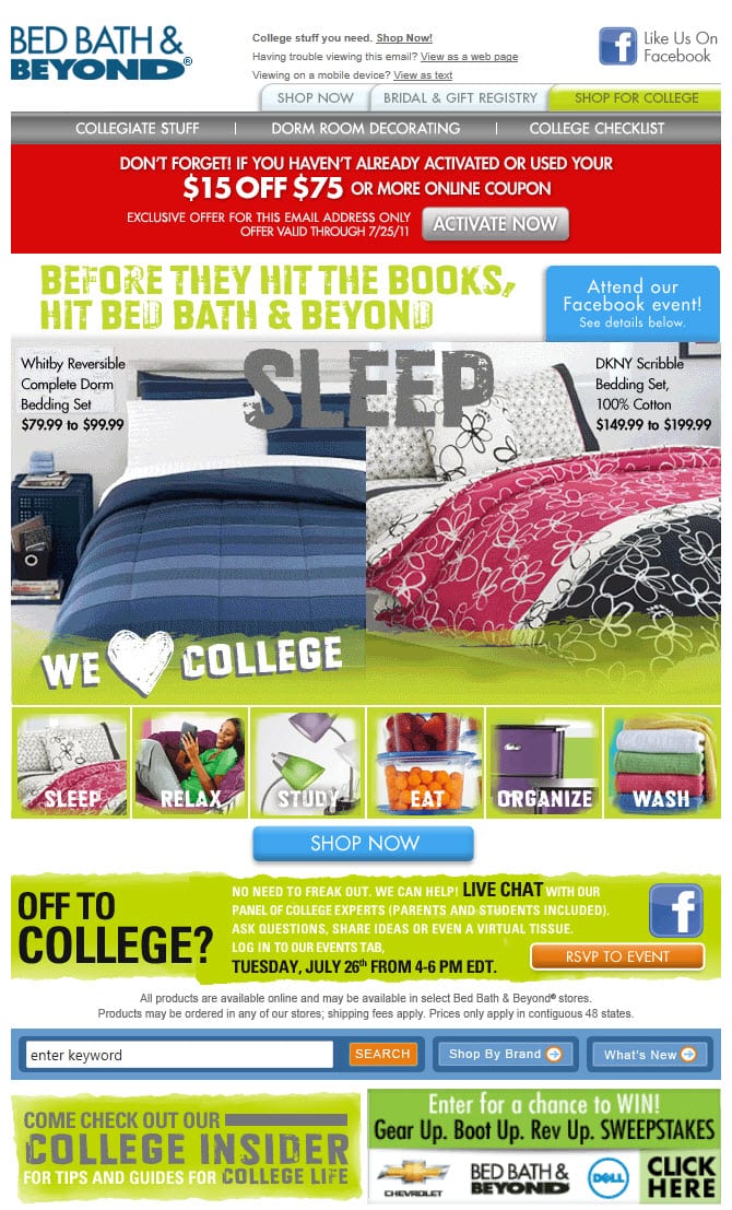 bed bath & beyond back to college marketing email furnishing bedding sale deal