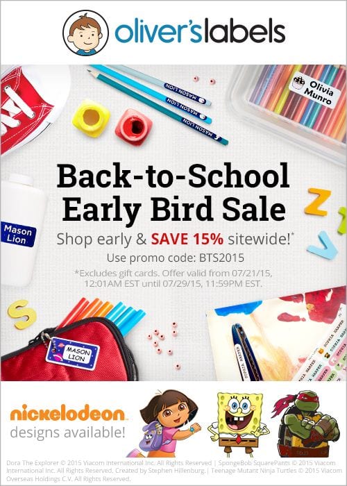 oliver's labels back to school early bird sale discount saving offer promo code