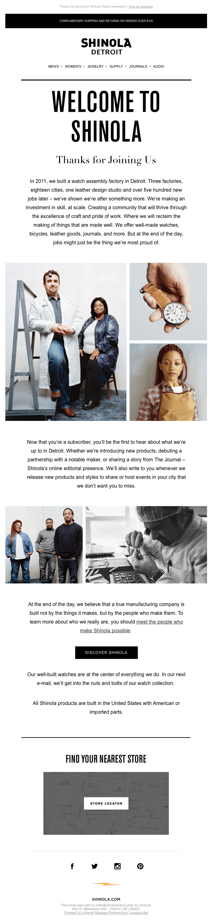 Shinola Detroit's welcome email 