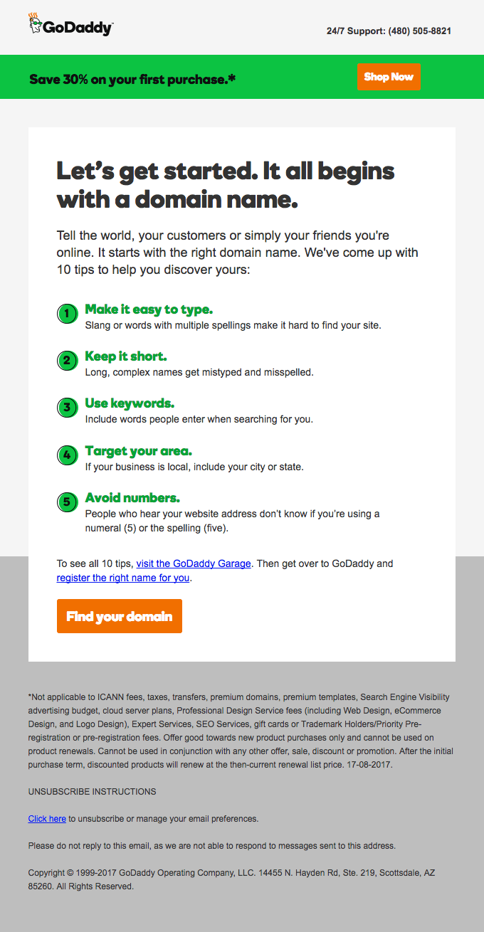 GoDaddy welcome email