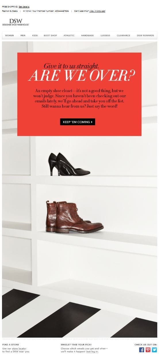 DSW designer shoe warehouse automatically unsubscribed remove from email list win-back campaign call to action