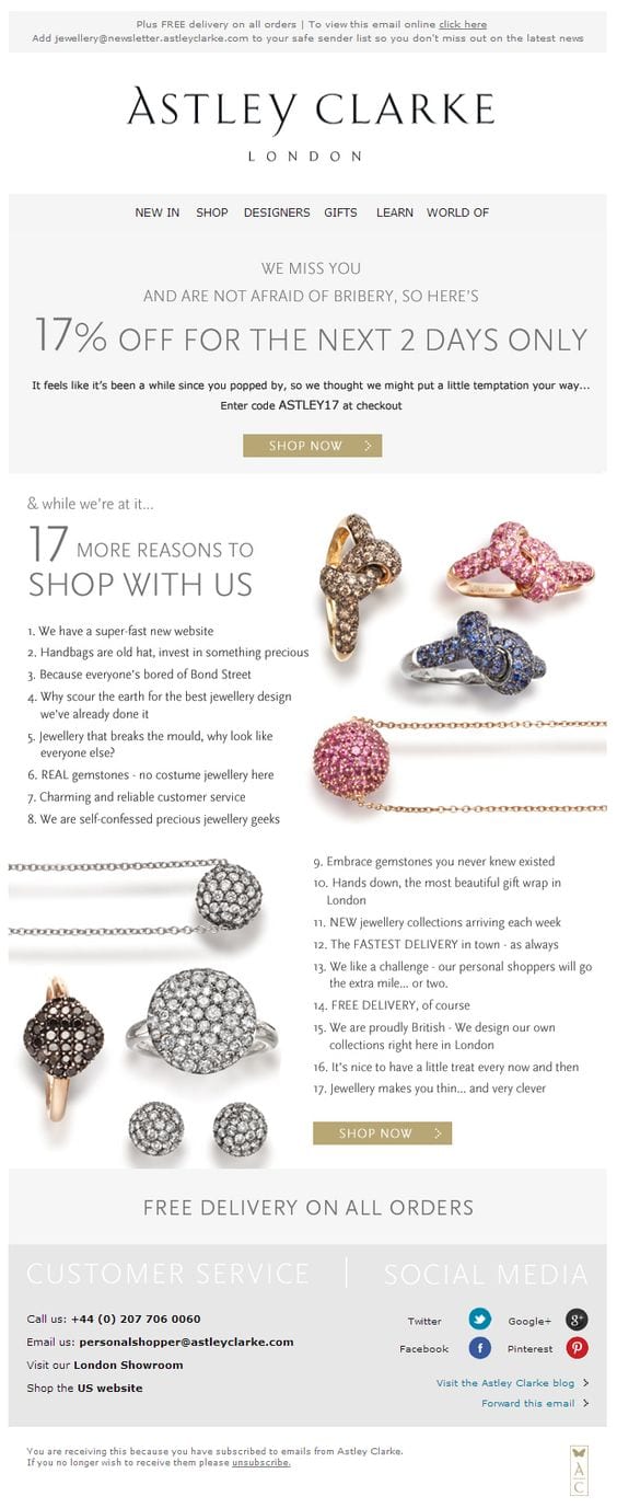 astley Clarke jewellery jewelry 17 reasons email list discount offer win-back