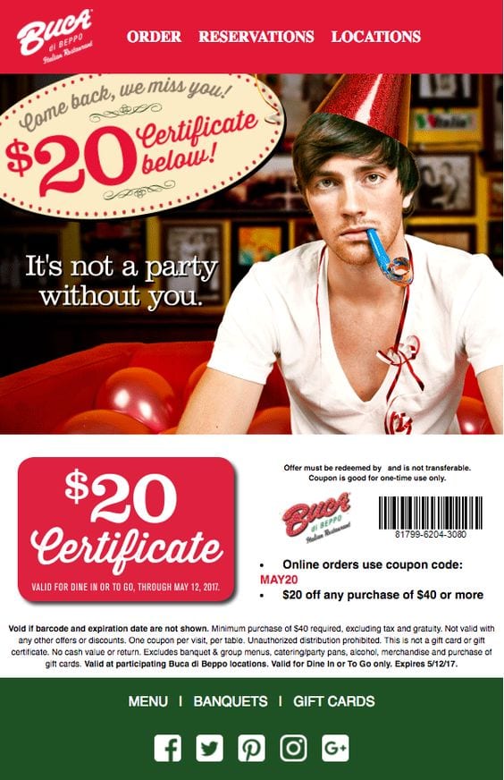 buca di beppo italian american restaurant coupon gift certificate online offline win-back email