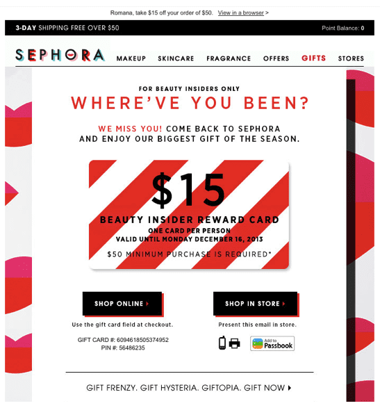 sephora make up win back email campaign gift card offer