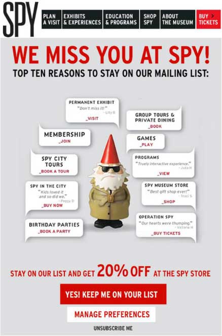 spy win-back email campaign 10 reasons list tours holidays gnome 20% offer code discount manage preferences unsubscribe