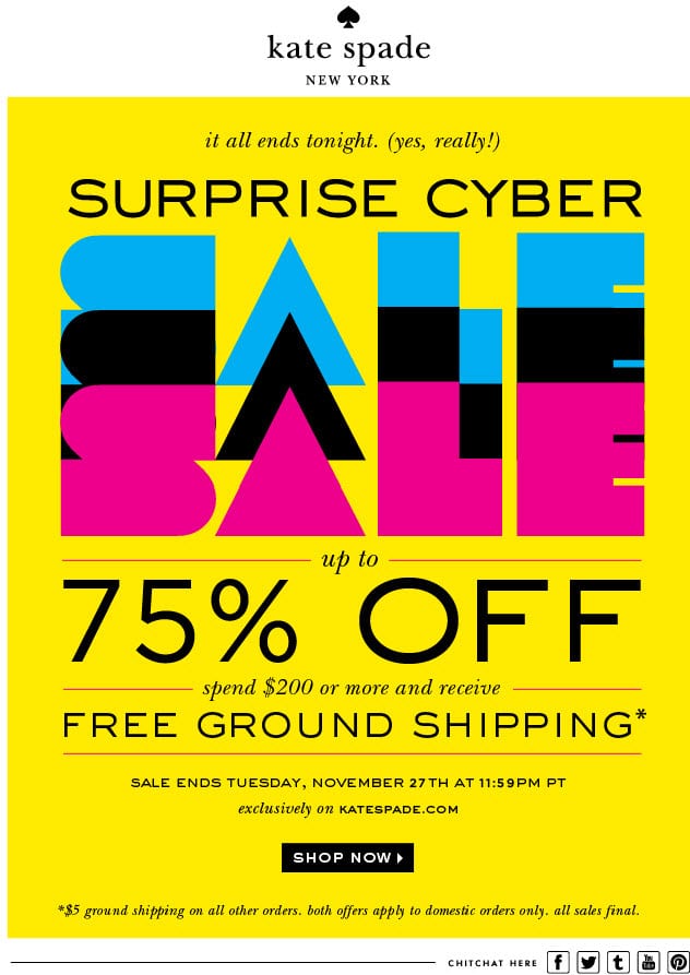 kate spade 75% off cyber sale urgency surprise email