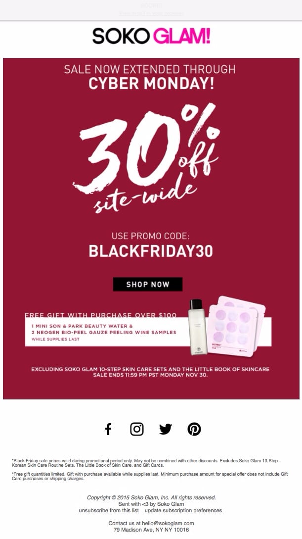 soko glam make up cyber monday black friday sale extended 30% deal email