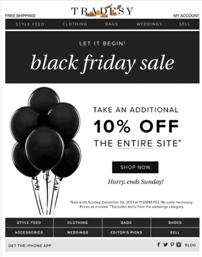 tradesy fashion ecommerce black friday sale 10% off urgency black and white monochromatic