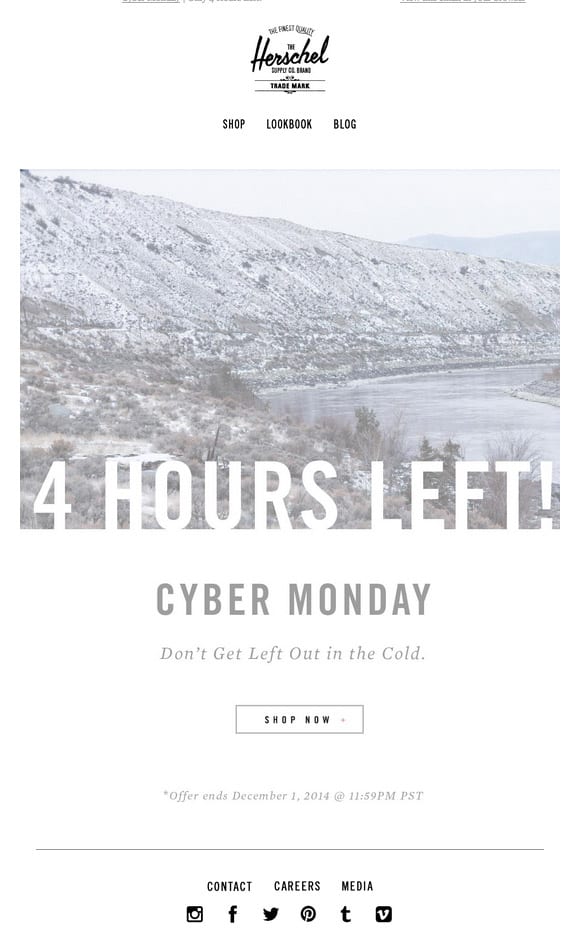 herschel cyber monday 4 hours left email fun witty copy urgency follow up