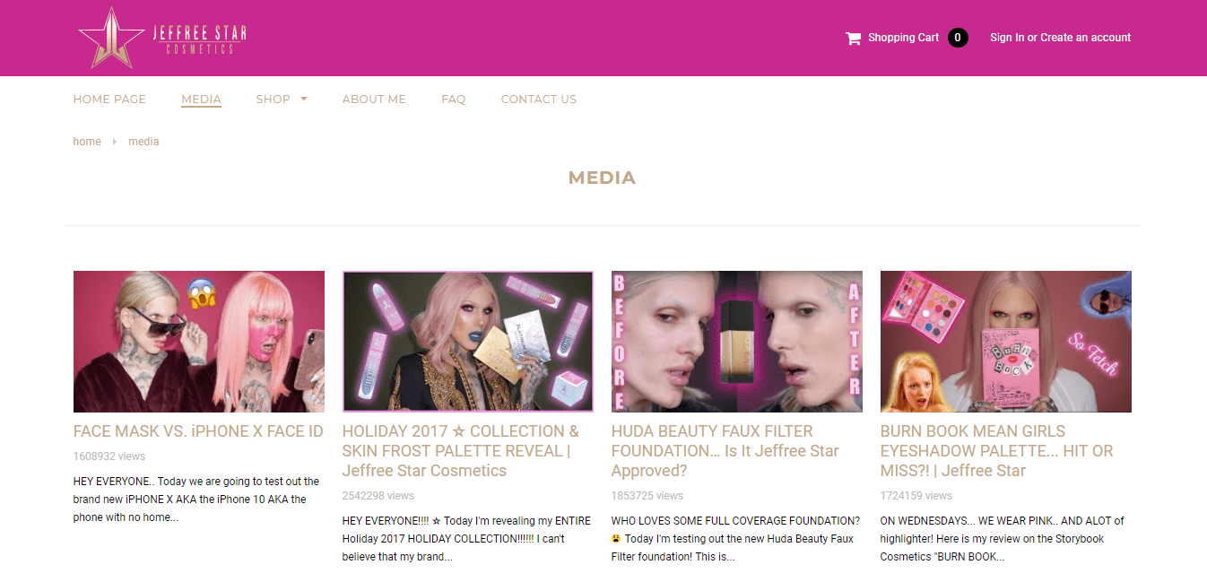 jeffree star shopify plus store video content media blog youtube videos make up cosmetics