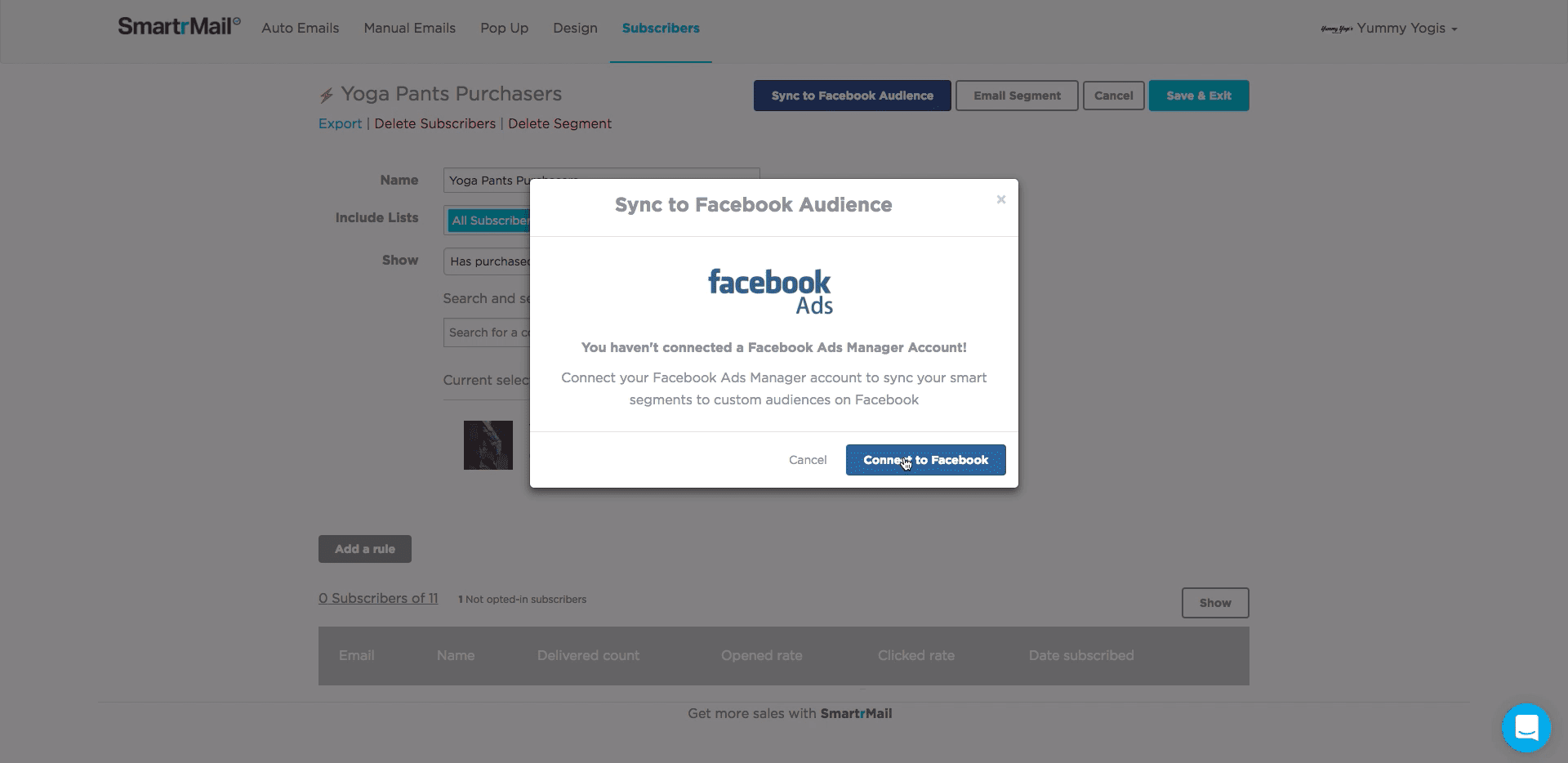 Screenshot of sync smart segment to facebook audience