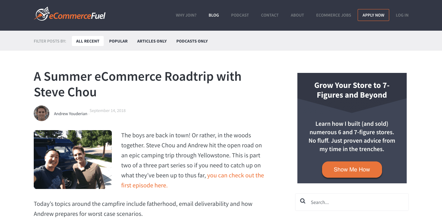 Screenshot of the ecommercefuel blog