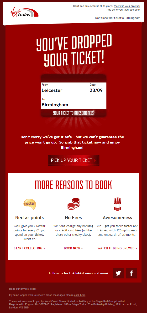 Virgin Trains abandoned email example of copy