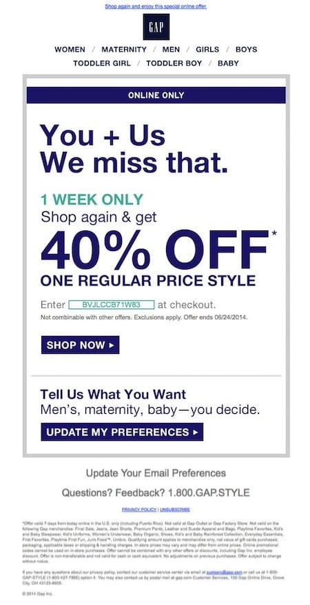 Gap email deals sign up offer