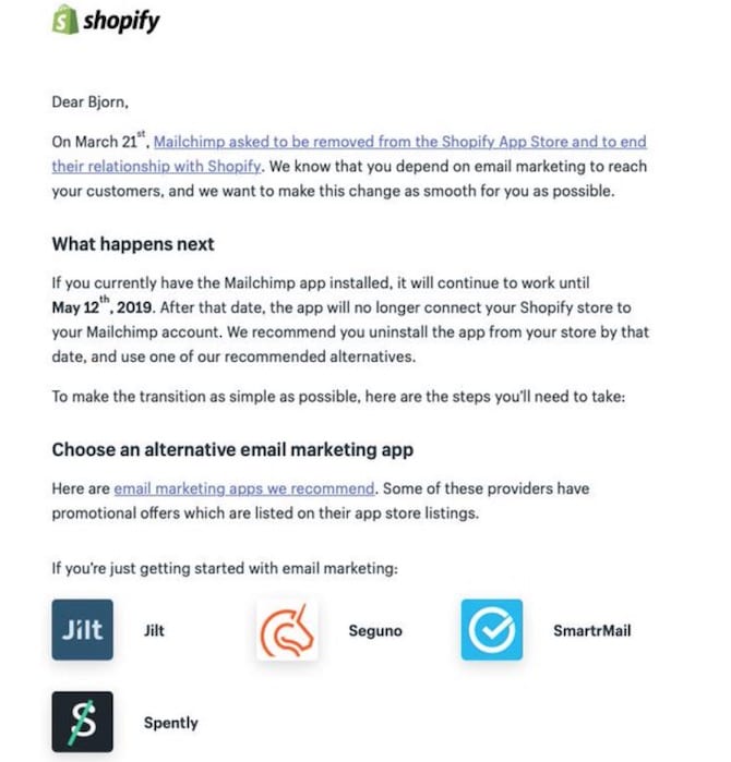 shopify email recommending mailchimp alternatives