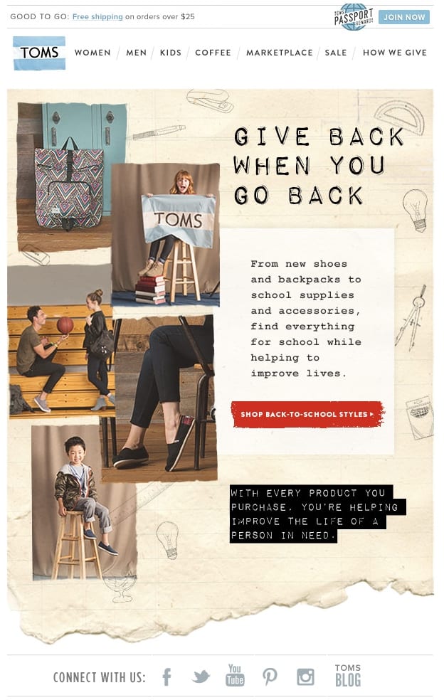 toms' back to school email