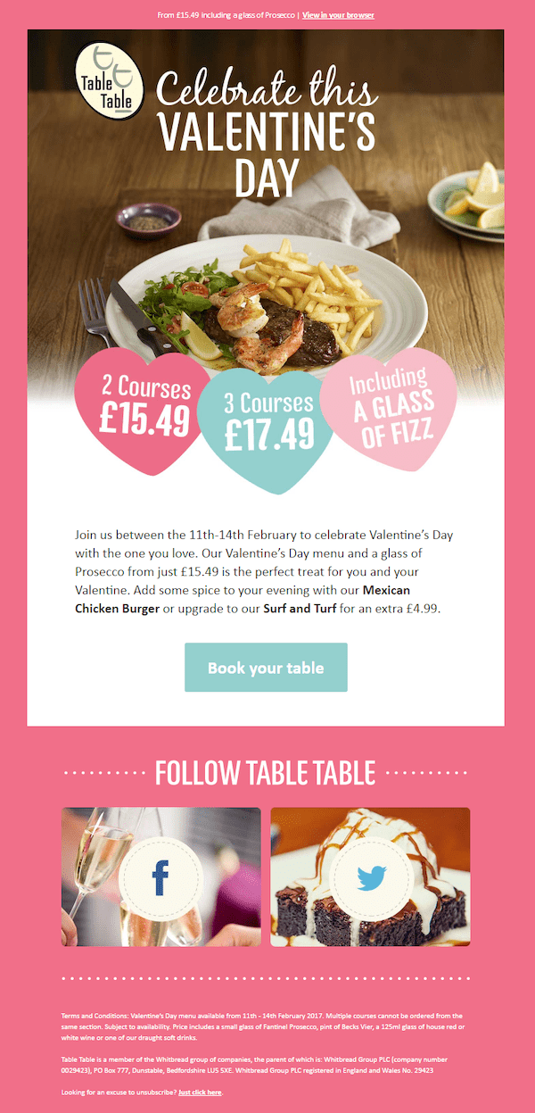 restaurant valentine's day email example