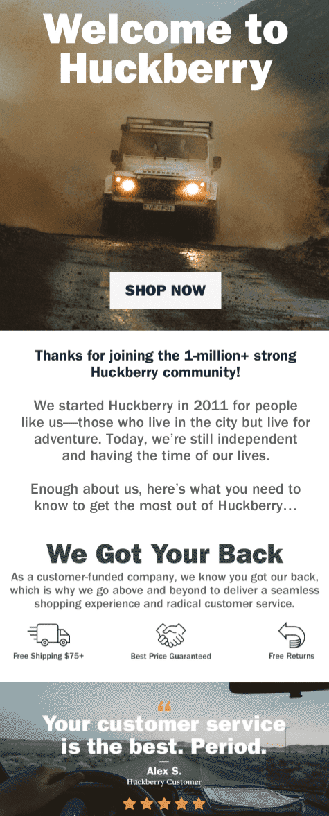 huckberry welcome email with social proof example