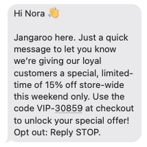 SMS example to Nora from Jangaroo with discount