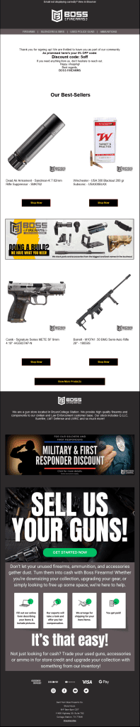 Boss Firearms - welcome emails - SmartrMail email marketing case study